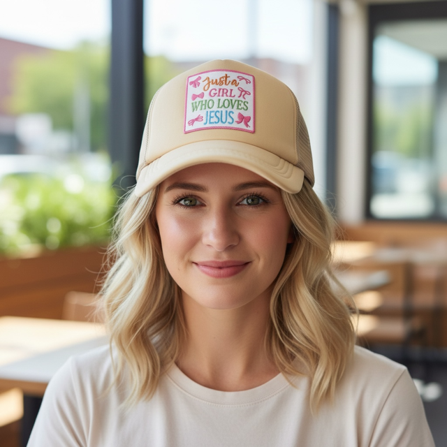 Ladies Trucker Hat- Just a Girl Who Loves Jesus