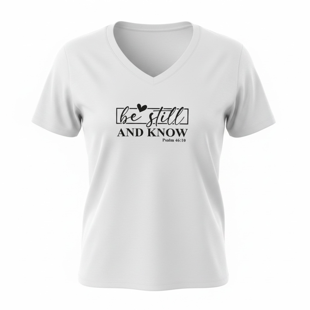 Womens white V-neck "Be Still and Know" (size XL)