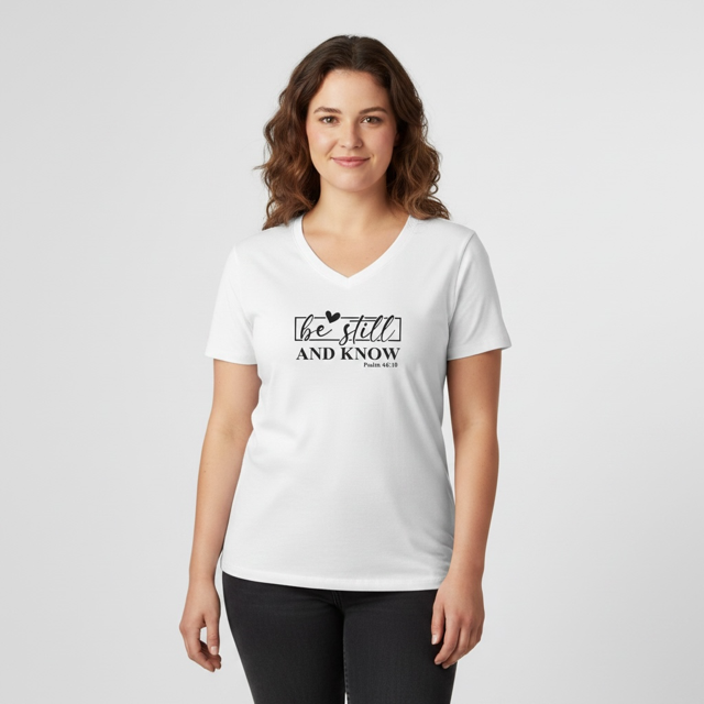 Womens white V-neck "Be Still and Know" (size XL)