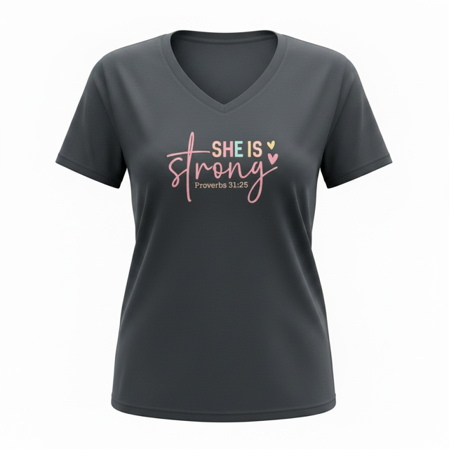 Womens Black V-neck shirt "She is Strong" (size XL)