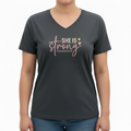 Womens Black V-neck shirt "She is Strong" (size XL)